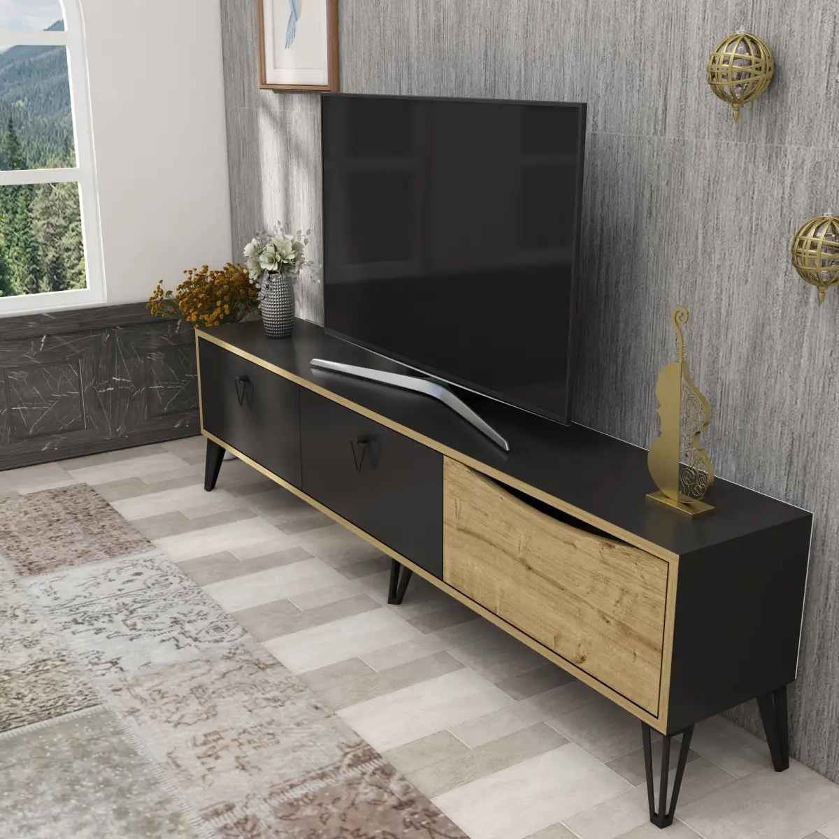 Twiks TV Stand with Cabinets - Black & Oak