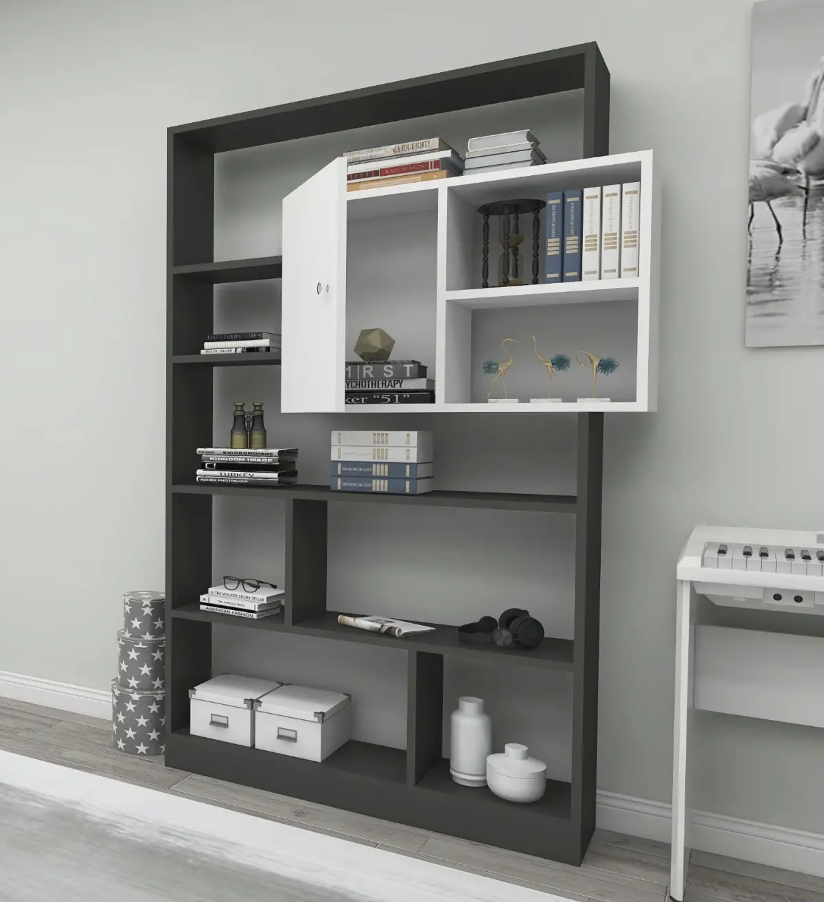 Douro Bookcase with Cabinet and Shelves - Anthracite & White