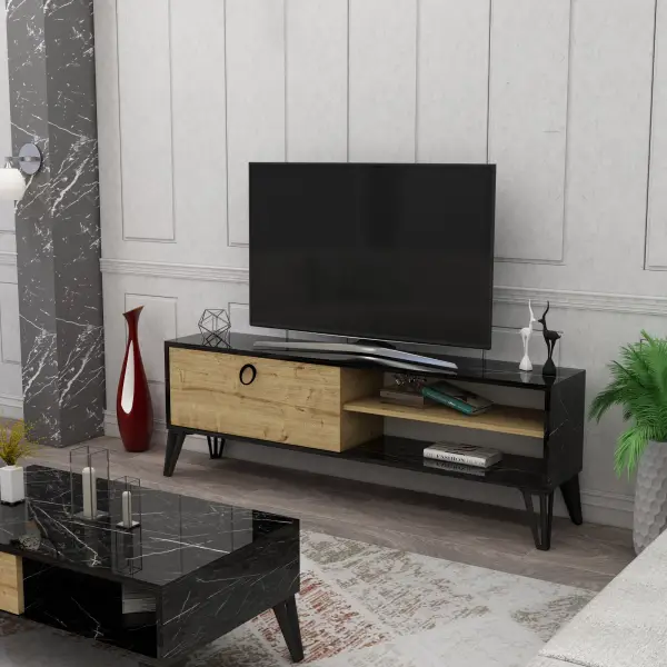 Oslo TV Stand with Cabinet and Shelves - Black Marble Effect & Sapphire Oak