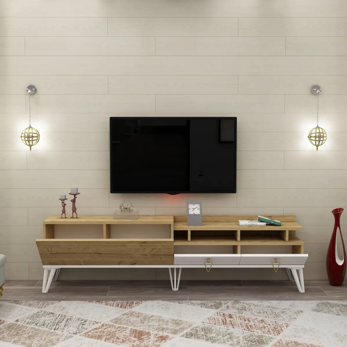 Corona TV Stand with Cabinets and Shelves - Oak & White