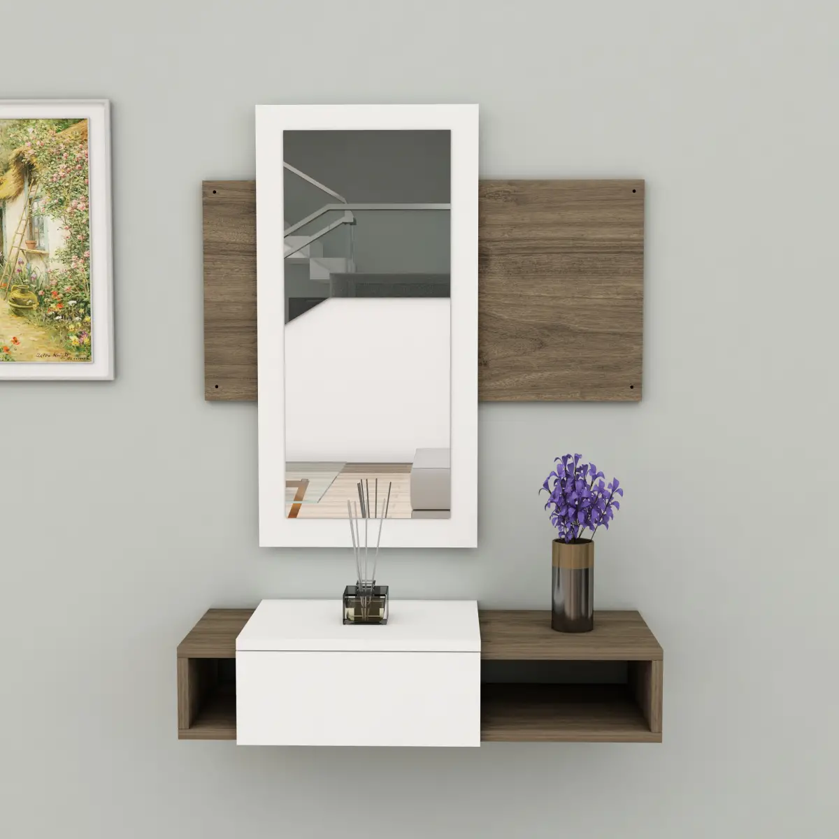 Tina Dresuar with Drawer and Mirror - White & Walnut