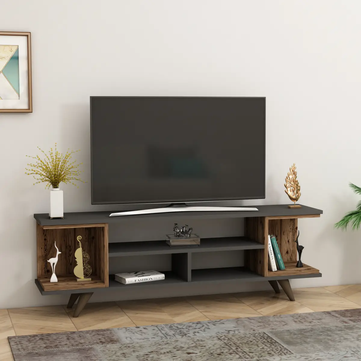 Whalen TV Stand with Open Shelves - Anthracite & Light Walnut
