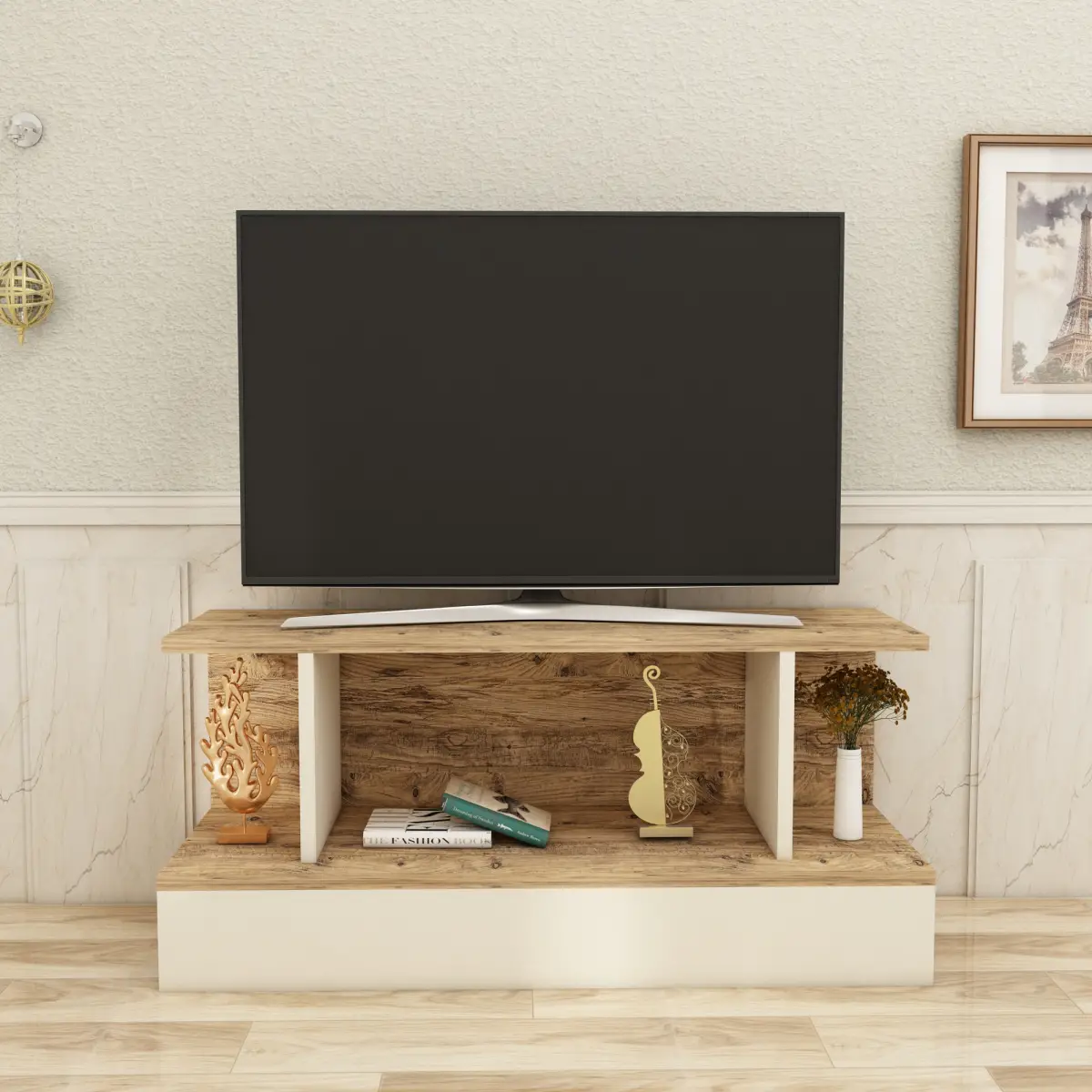 Dustin TV Stand with Shelves - Beige & Atlantic Pine