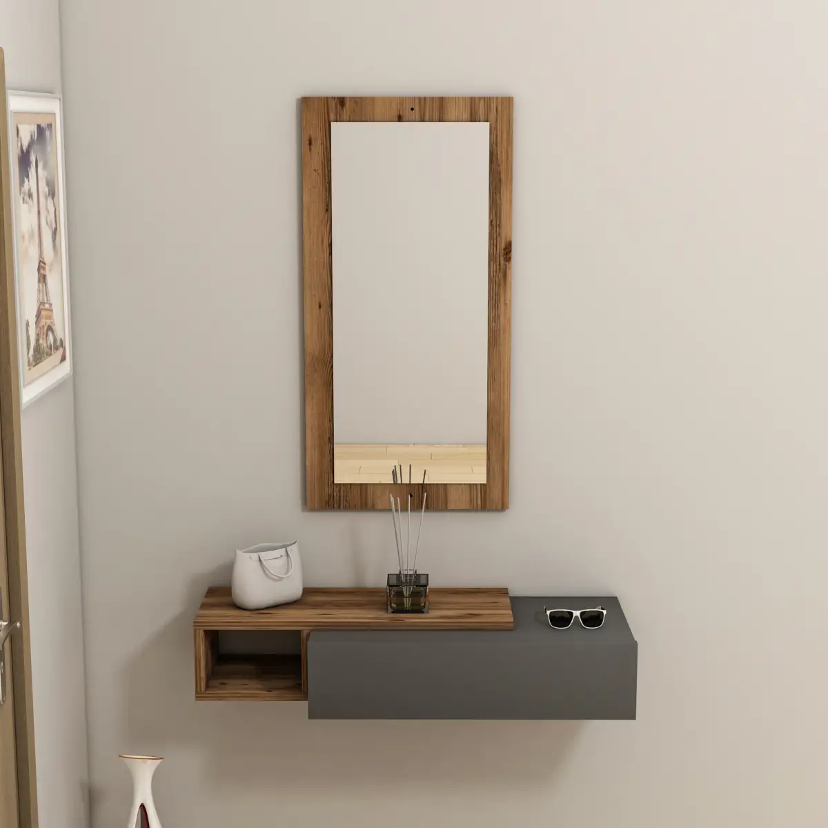 Maria Dresuar with Drawer, Mirror - Light Walnut & Anthracite
