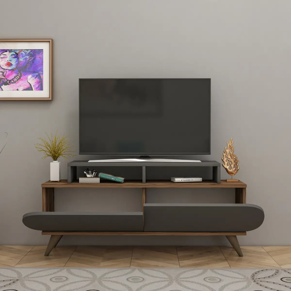 Lecody TV Stand with Cabinets, Shelves - Anthracite & Light Walnut