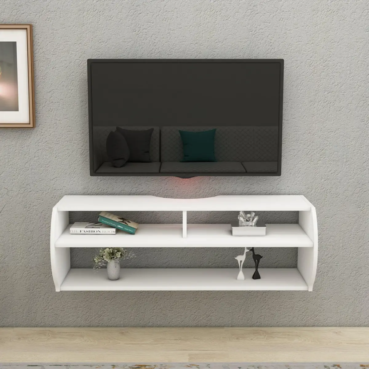 Berter Floating TV Stand with Shelves - White