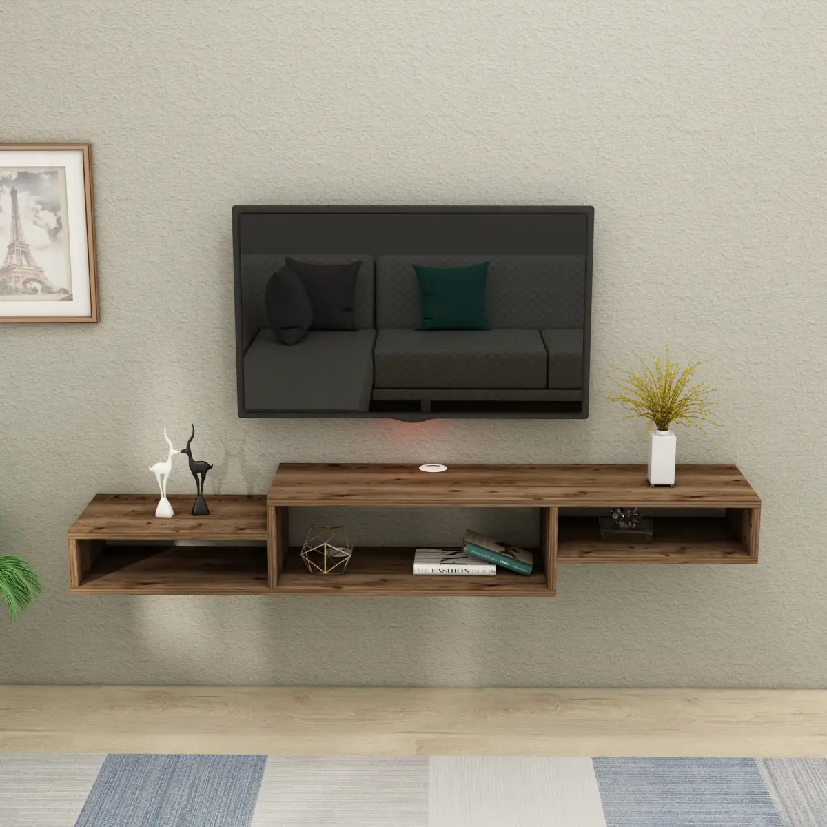 Loretta Floating TV Stand with Shelves - Walnut