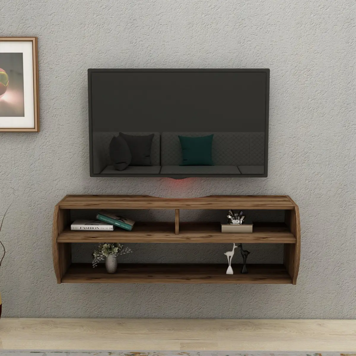 Berter Floating TV Stand with Shelves - Light Walnut