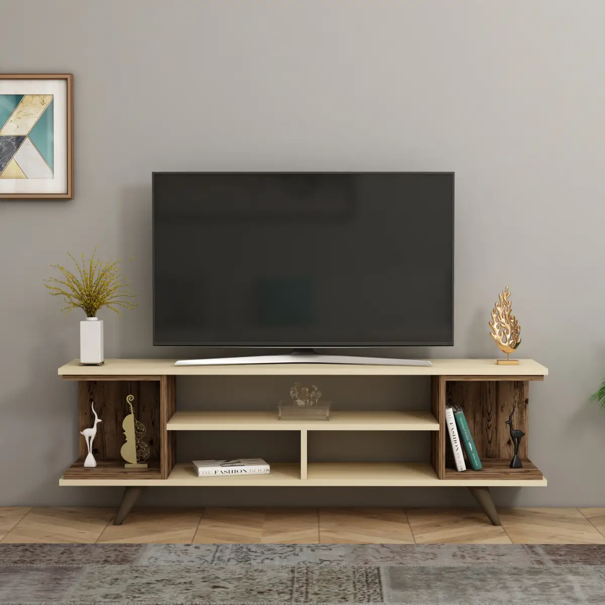 Whalen TV Stand with Open Shelves - Light Walnut & Beige