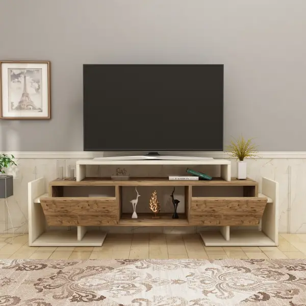 Metafor TV Stand, Media Center with Cabinets, Shelves - Beige & Atlantic Pine