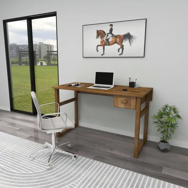 Virtual Wood Computer Desk with Drawer - Walnut