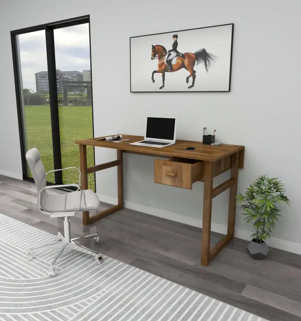Virtual Wood Computer Desk with Drawer - Walnut