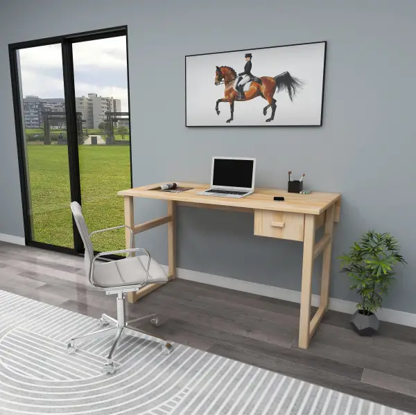 Virtual Wood Computer Desk with Drawer - Natural