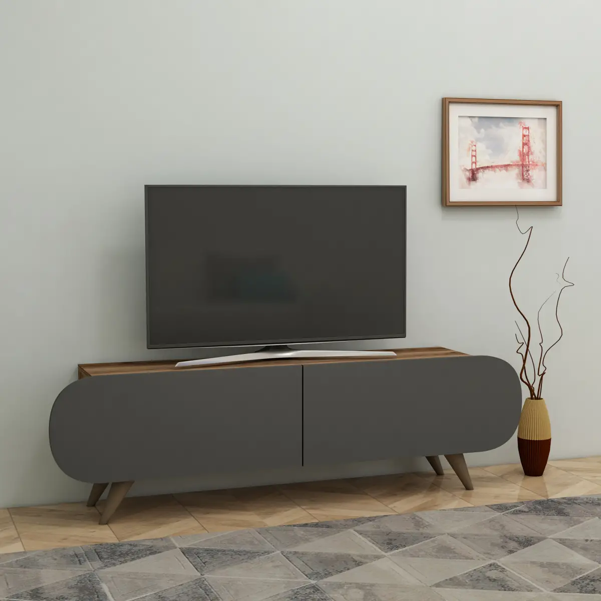 Sagely TV Stand with Cabinets, Shelves - Anthracite & Light Walnut