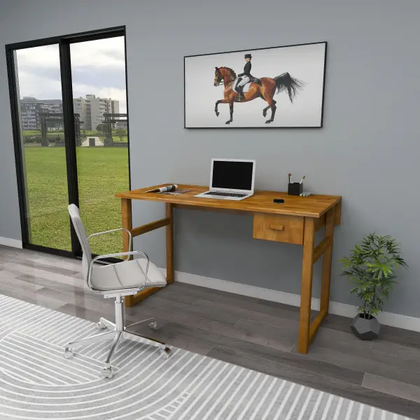 Virtual Wood Computer Desk with Drawer - Sapphire Oak