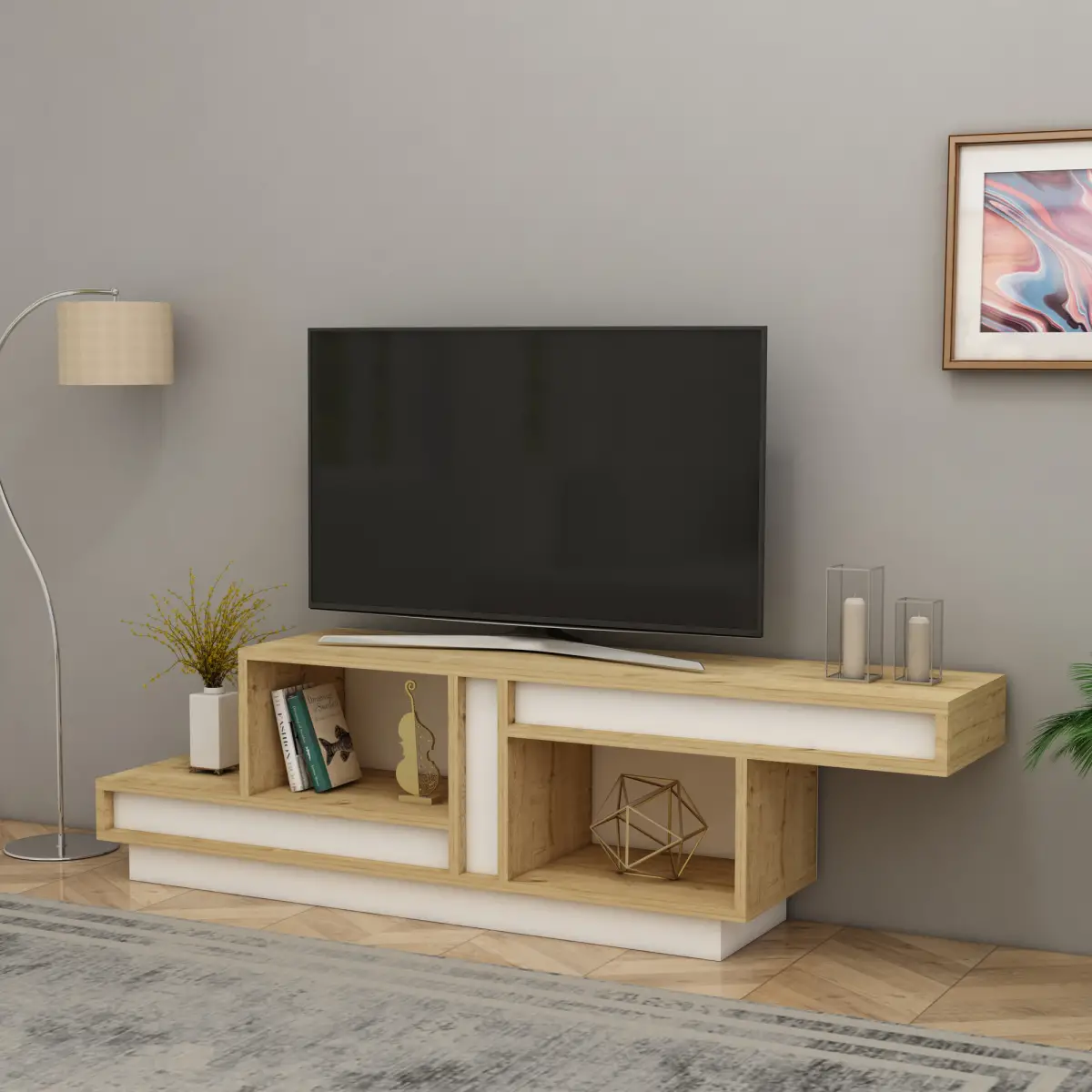 Liberty TV Stand with Open Shelves - White & Sapphire Oak