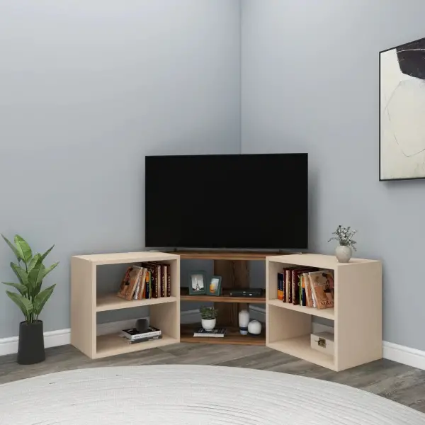 Bonnett Corner TV Stand Entertainment Center - Light Wanut / Beige