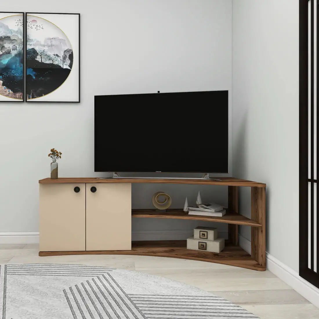 Dion Corner TV Stand Entertainment Center - Light Walnut / Beige