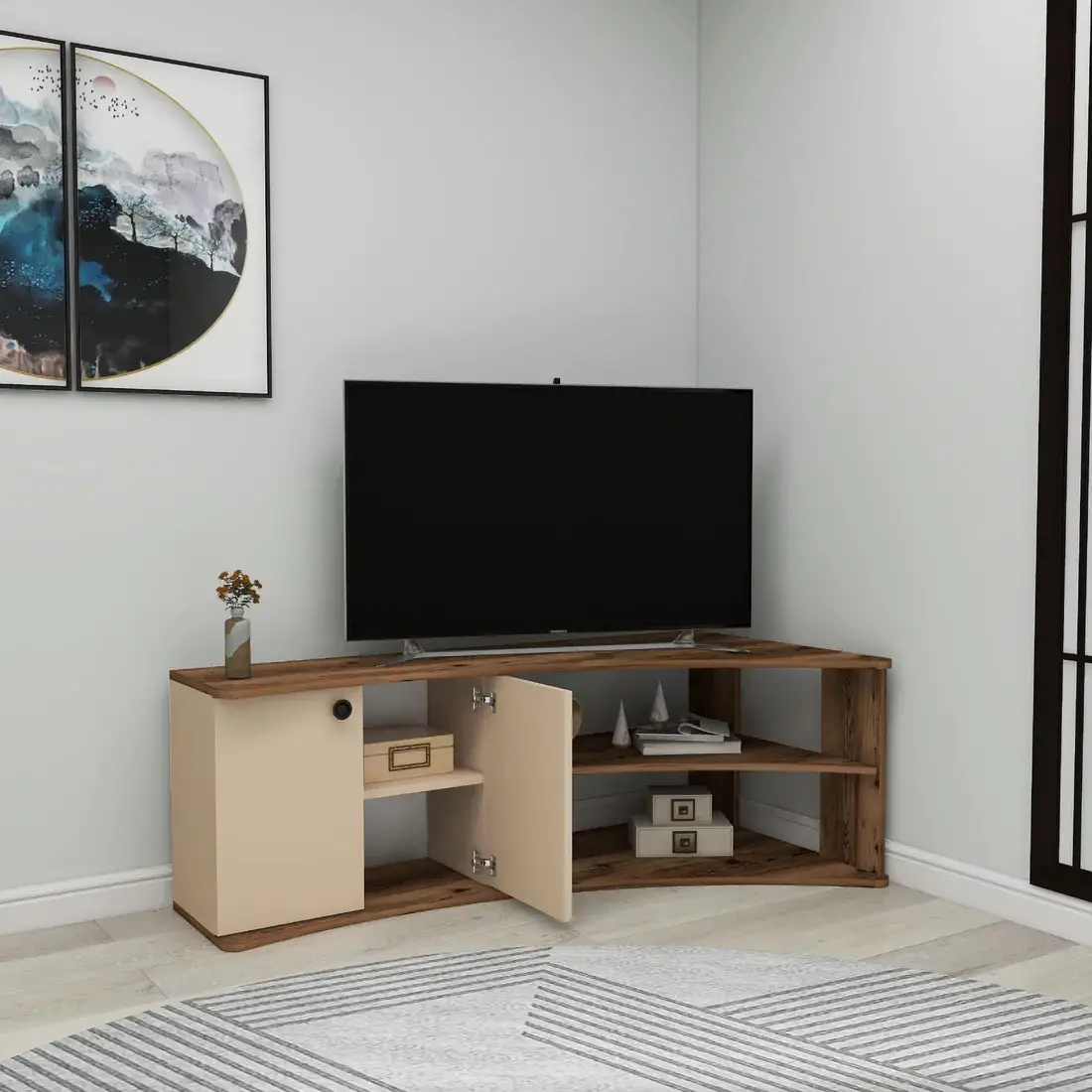 Dion Corner TV Stand Entertainment Center - Light Walnut / Beige