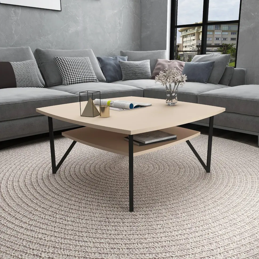 Orion 90 Coffee Table with Storage Shelf - Beige