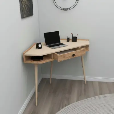 Homer Corner Computer Desk with Drawer and Shelves - Light Walnut / Beige