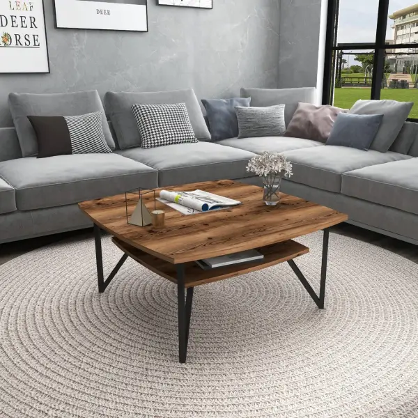 Orion 90 Coffee Table with Storage Shelf - Light Walnut
