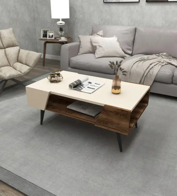 Curve Coffee Table with Storage Unit - Light Walnut & Beige
