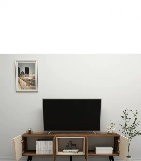 Curve TV Stand and Media Console - Light Walnut & Beige