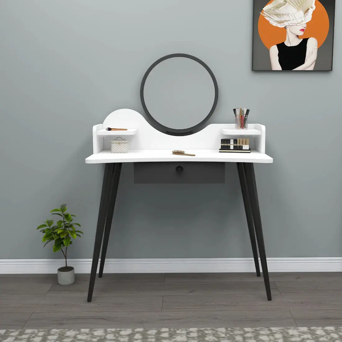 Ambrose Makeup Vanity Table with Mirror - White / Anthracite