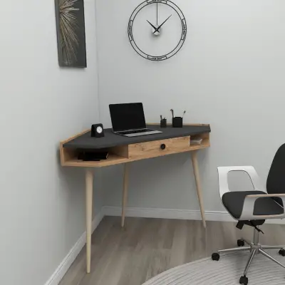 Homer Corner Computer Desk with Drawer and Shelves - Atlantic Pine / Anthracite