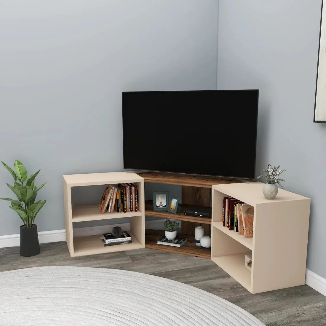 Bonnett Corner TV Stand Entertainment Center - Light Wanut / Beige