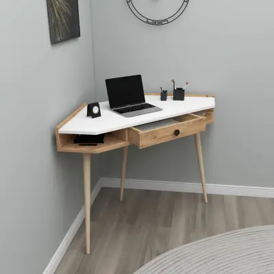 Homer Corner Computer Desk with Drawer and Shelves - Atlantic Pine / White