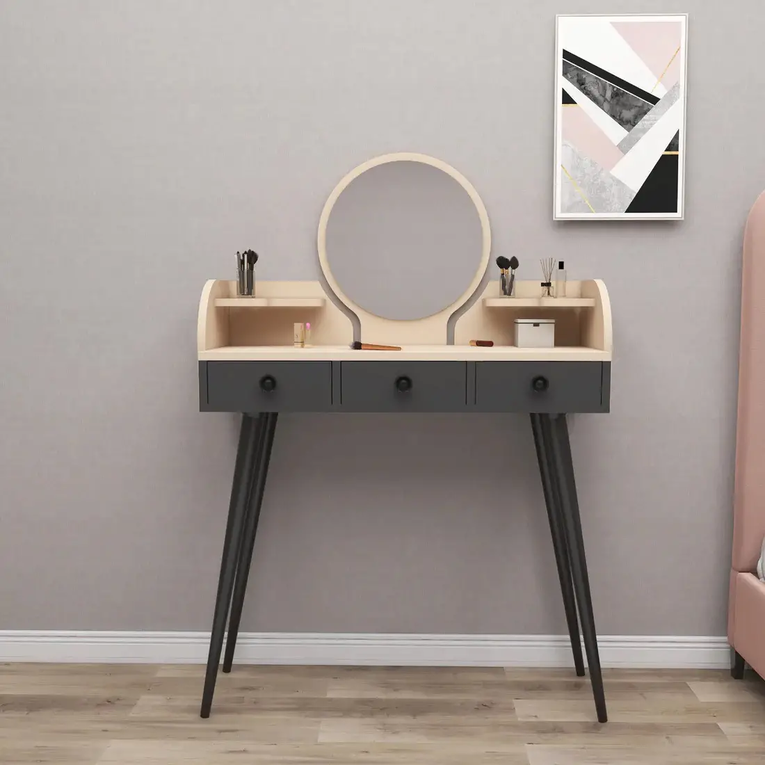 Belem Makeup Vanity Table with Mirror - Beige / Anthracite
