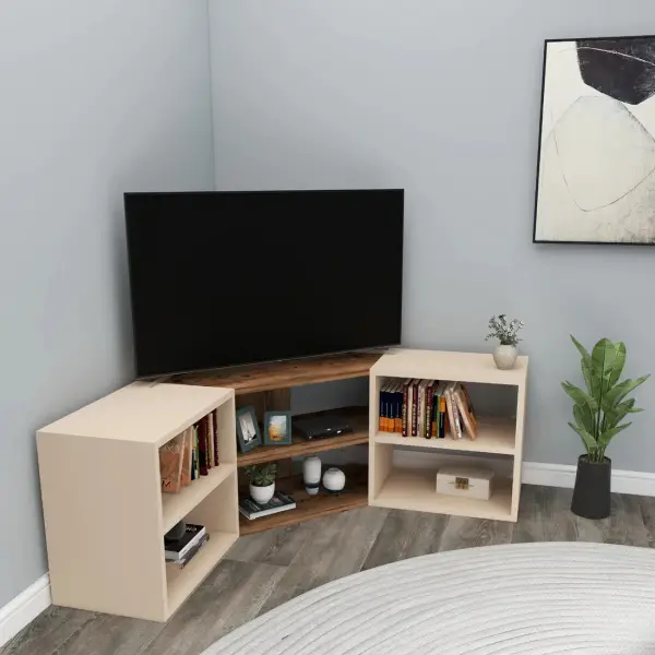 Bonnett Corner TV Stand Entertainment Center - Light Wanut / Beige