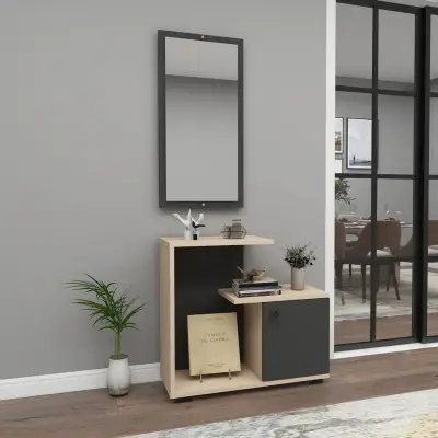 Ales Dresuar Console Table with Cabinet, Shelves and Mirror -Anthracite / Beige