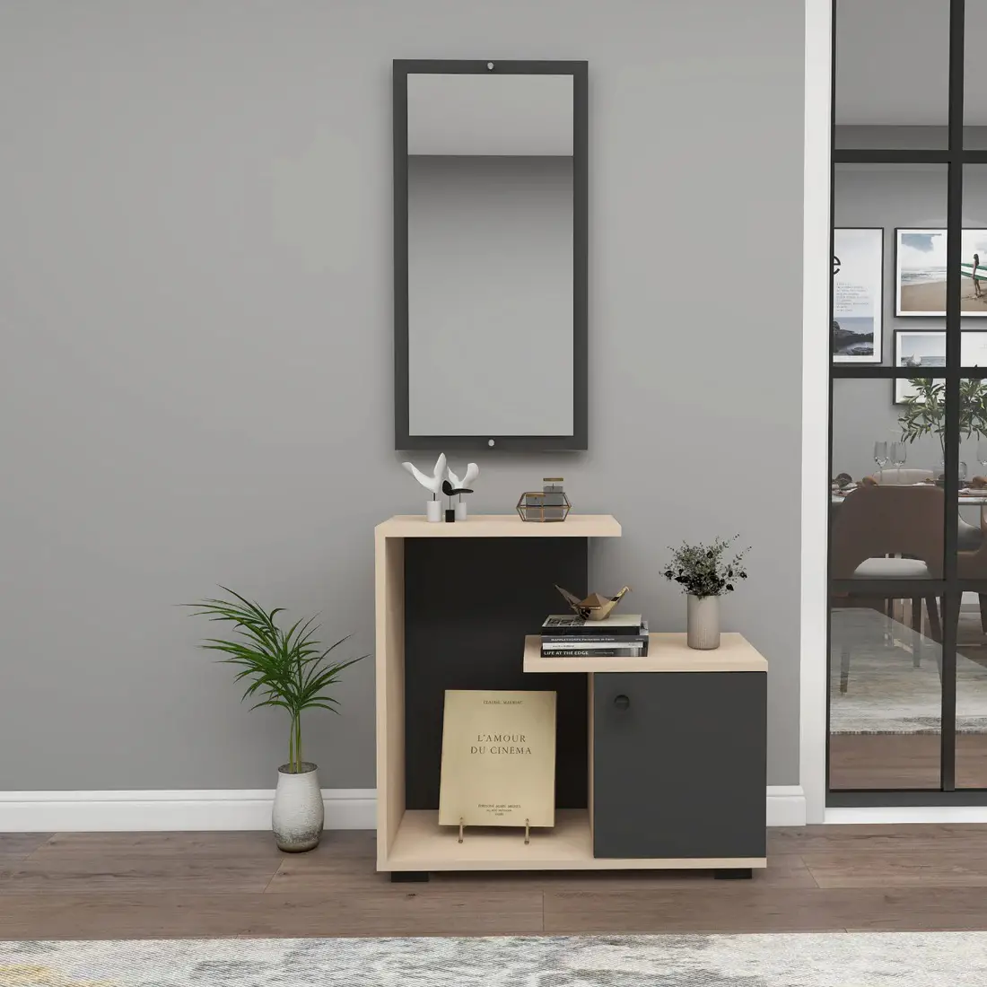 Ales Dresuar Console Table with Cabinet, Shelves and Mirror -Anthracite / Beige