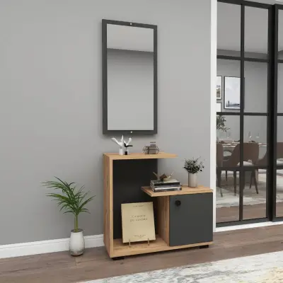 Ales Dresuar Console Table with Cabinet, Shelves and Mirror - Atlantic Pine / Anthracite