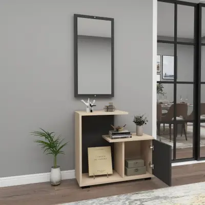 Ales Dresuar Console Table with Cabinet, Shelves and Mirror -Anthracite / Beige