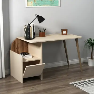 Babel Computer Desk with Cabinet - Light Walnut / Beige