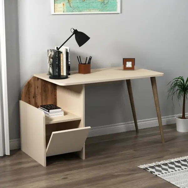 Babel Computer Desk with Cabinet - Light Walnut / Beige