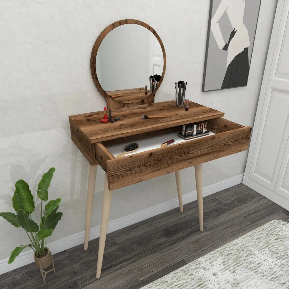 Novae Makeup Vanity Table with Mirror - Light Walnut