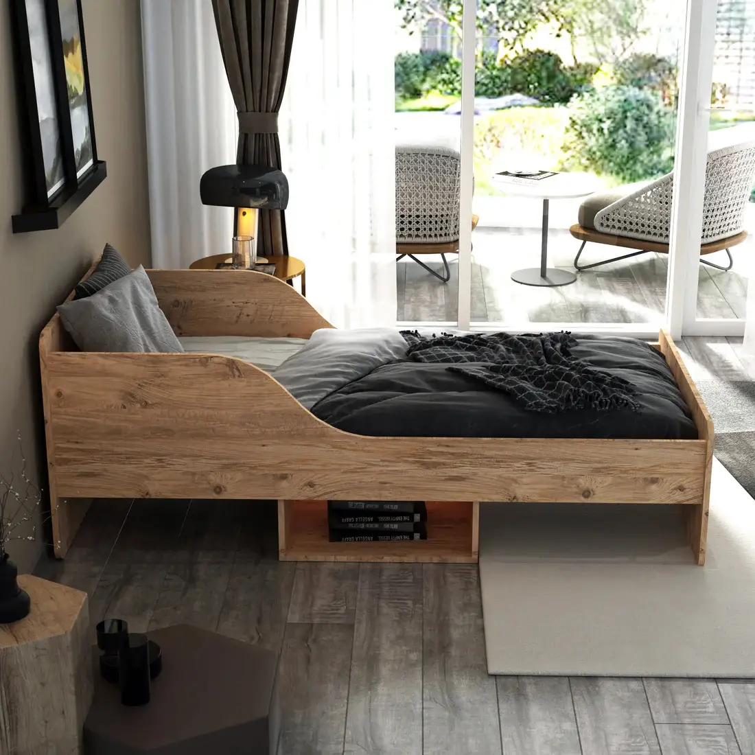 Julie Bedstead Bed Frame with Headboard and Storage Shelf - Atlantic Pine