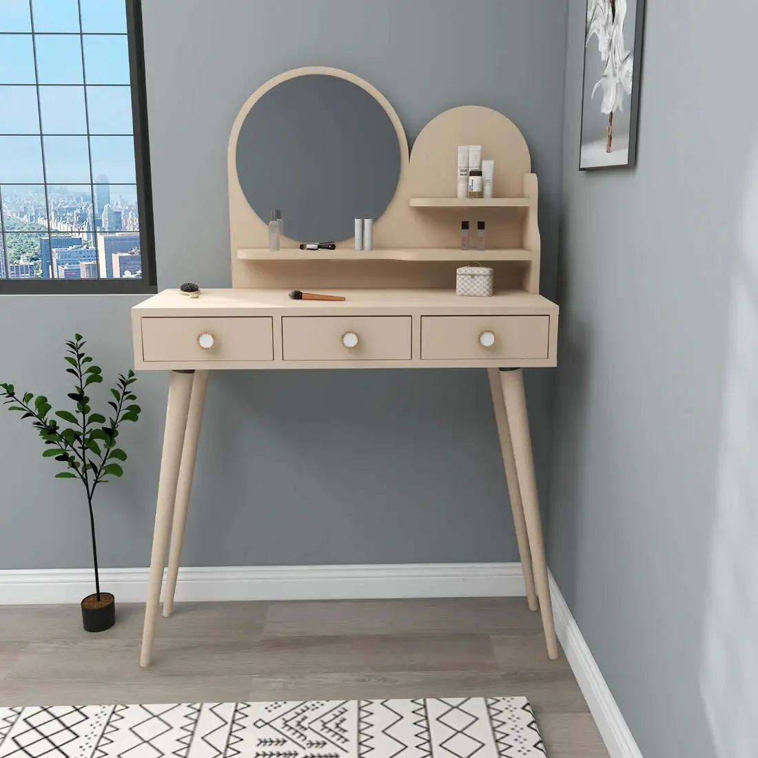 Vetone Makeup Vanity Table with Mirror - Beige