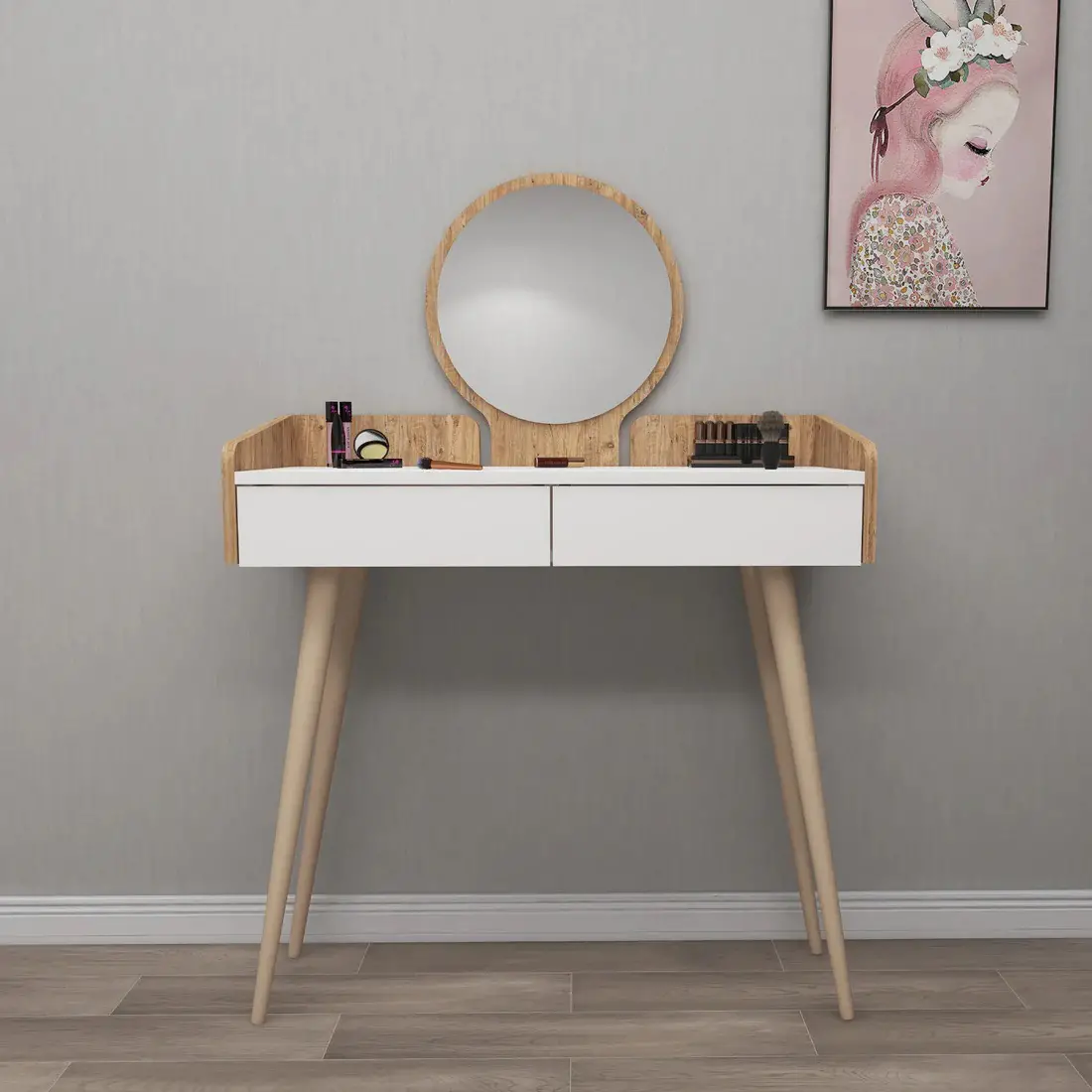 Burim Makeup Vanity Table with Mirror - Atlantic Pine / White
