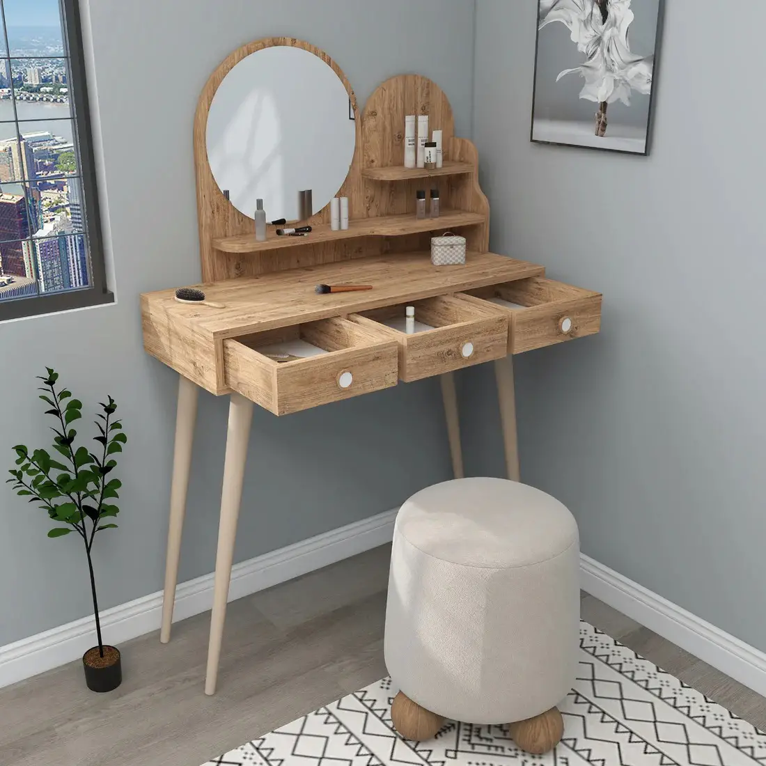 Vetone Makeup Vanity Table with Mirror - Atlantic Pine