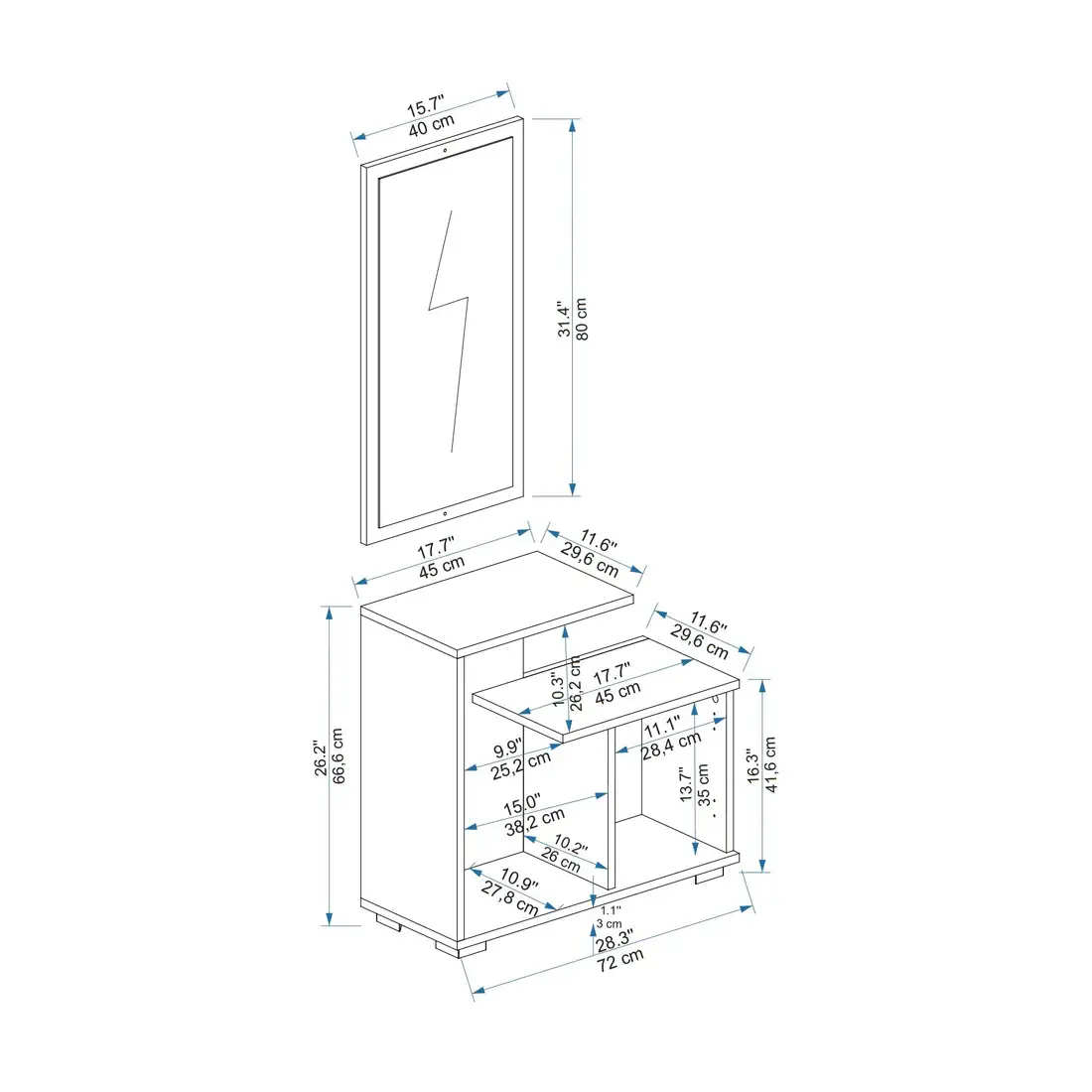 Ales Dresuar Console Table with Cabinet, Shelves and Mirror - Atlantic Pine / Anthracite
