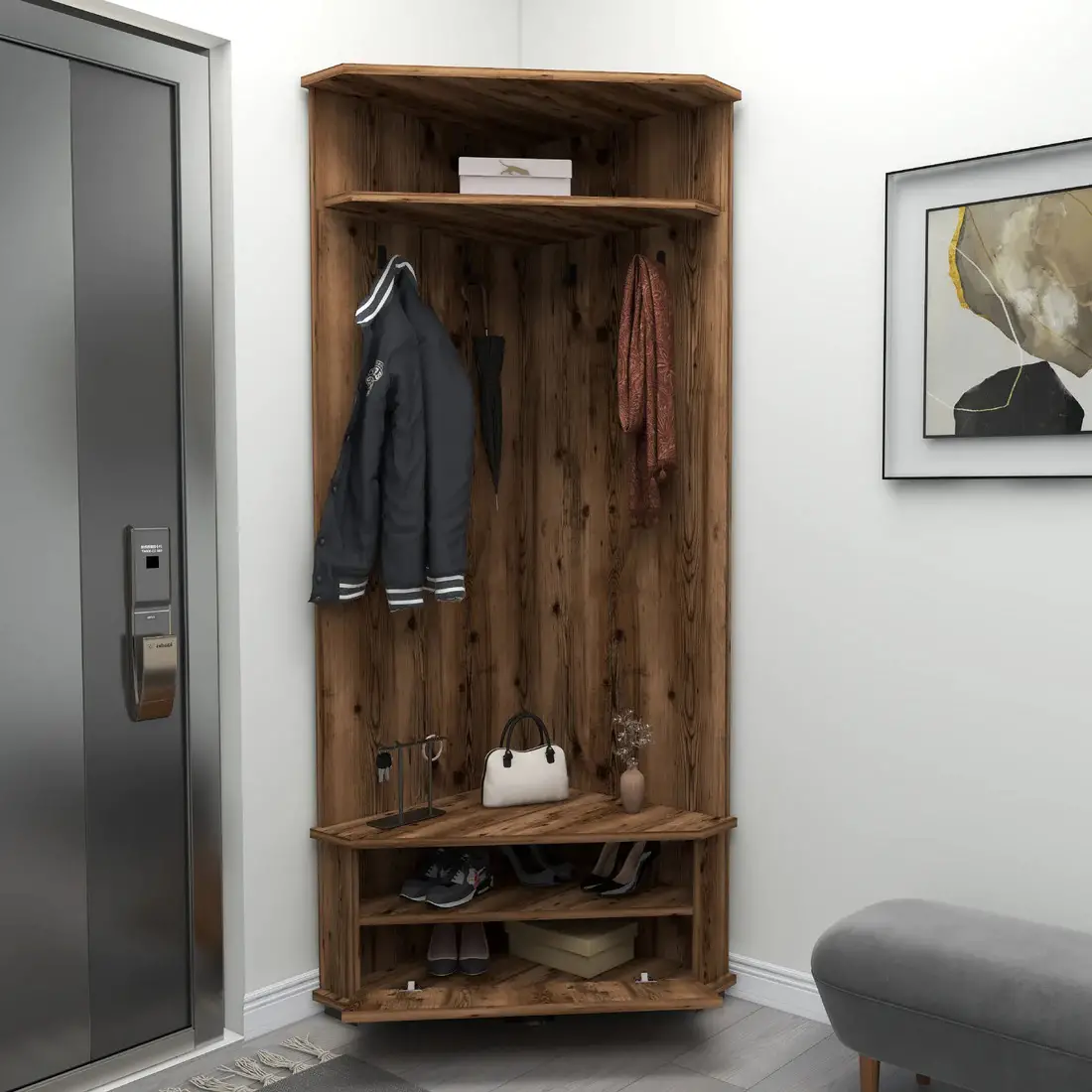 Reina Corner Hallway Coat Rack with Cabinet - Light Walnut