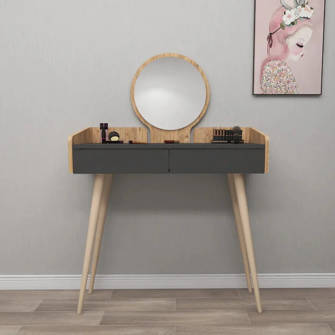 Burim Makeup Vanity Table with Mirror - Atlantic Pine / Anthracite