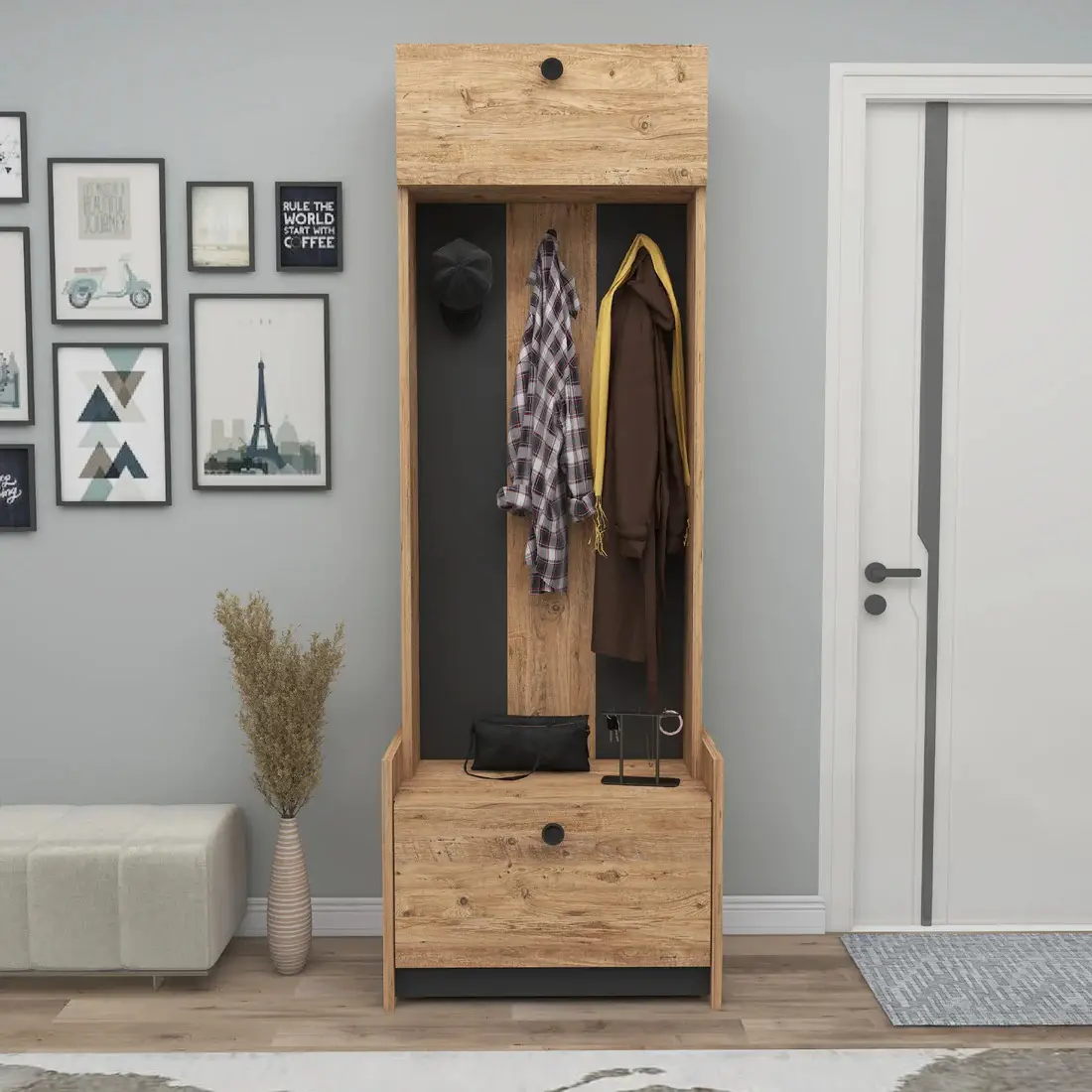 Edessa Hallway Coat Rack with Cabinet - Atlantic Pine / Anthracite