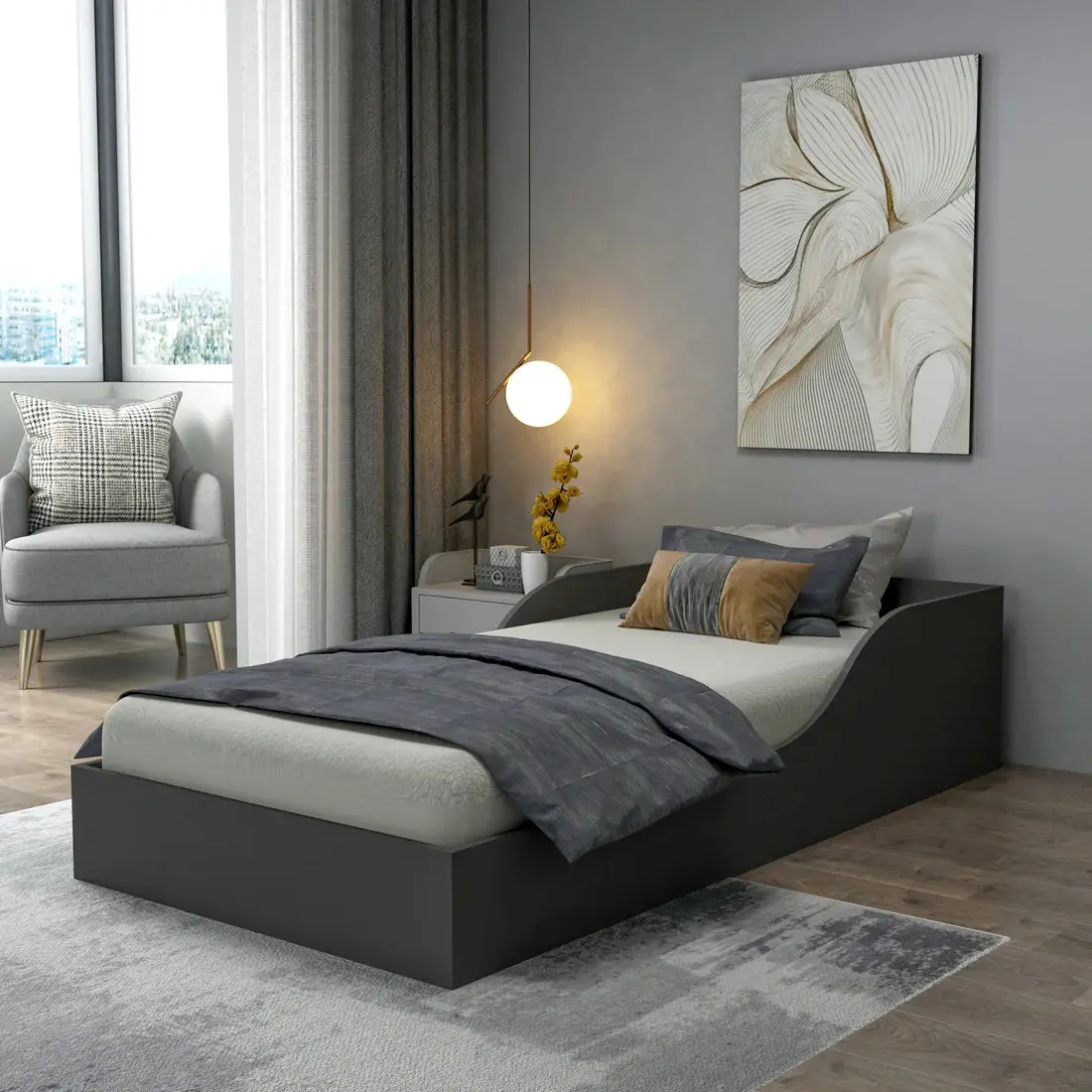 Brian Bedstead Bed Frame with Headboard - Anthracite